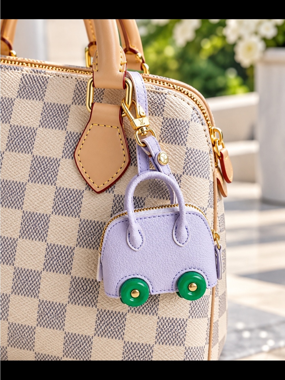 FaSHION Lilac Mini Bag charm with Green Wheel Accents